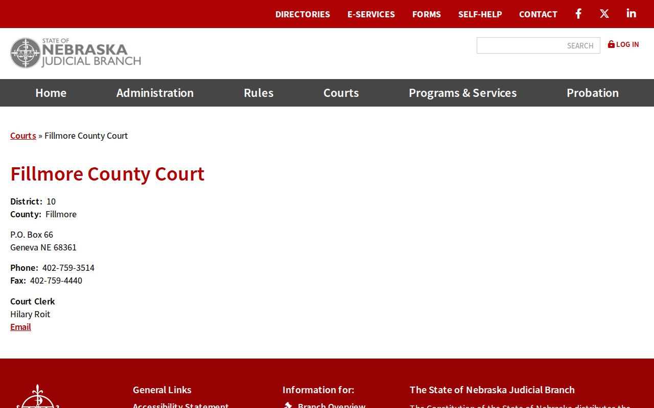 Fillmore County court docket state directory for County Court