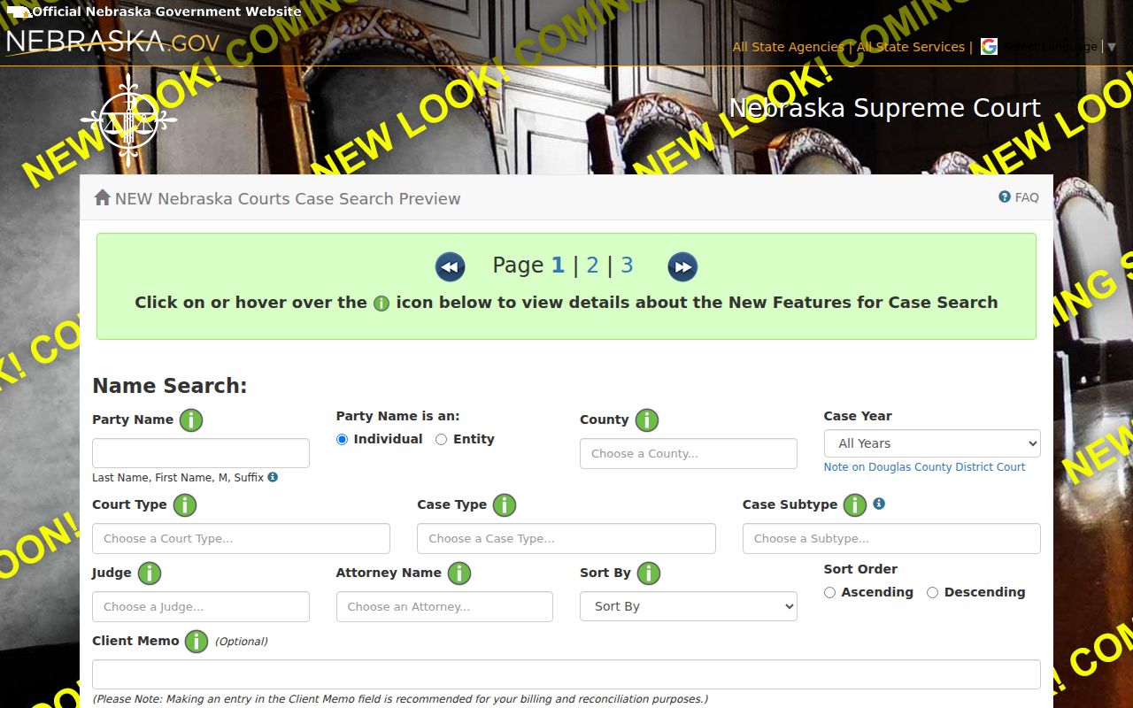 Fillmore County court docket search fields in the Nebraska JUSTICE demonstration